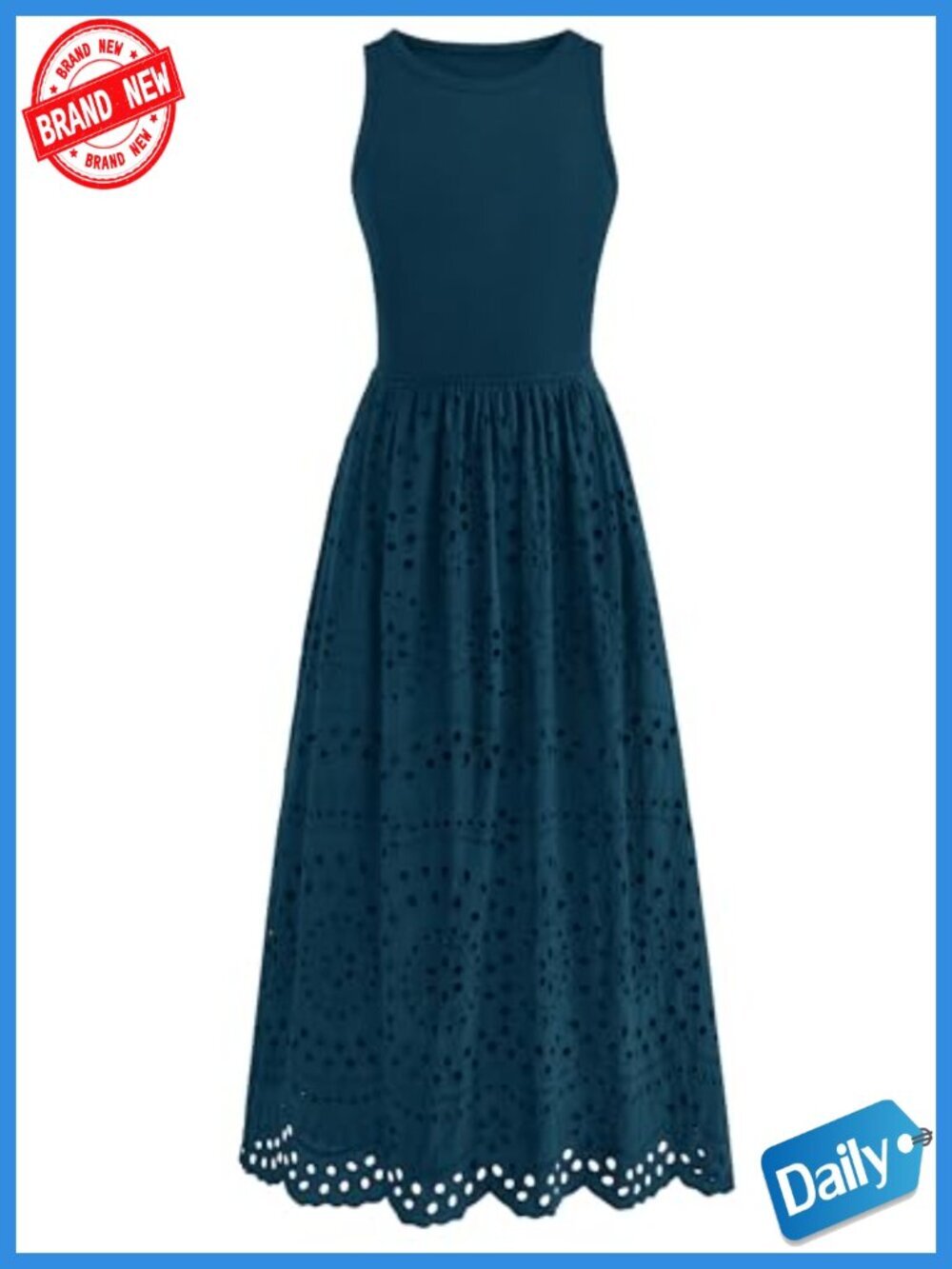 Sleeveless Crewneck A-Line Boho Lace Eyelet Cotton Tank Maxi Dress Pockets